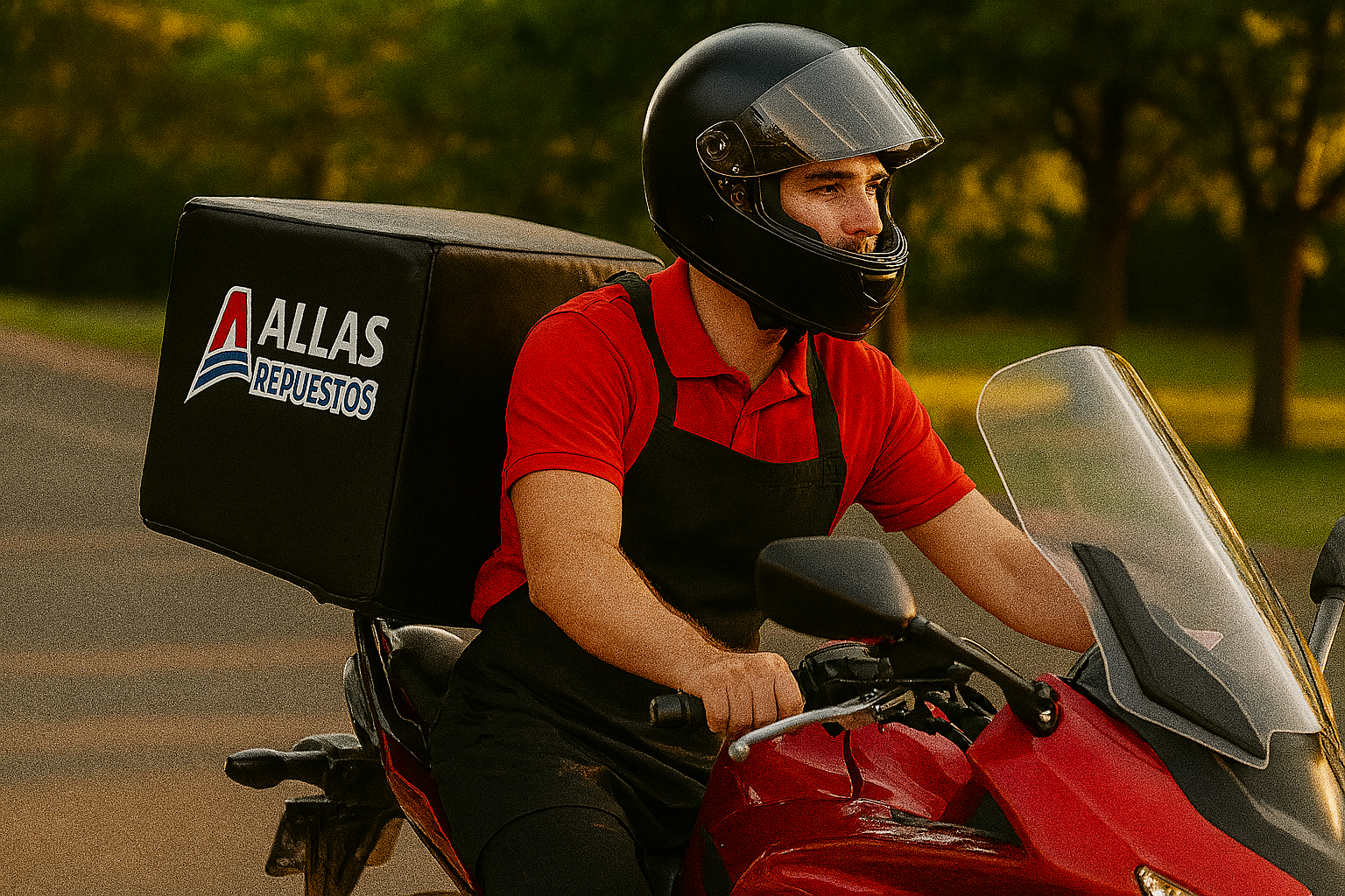 Repartidor de ALLAS REPUESTOS en motocicleta para entrega inmediata